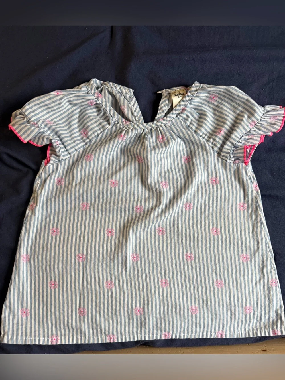 OshKosh B'gosh Blue and White Striped Top with Pink Floral Accents